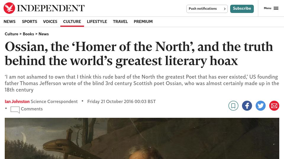 Screenshot of independent.co.uk: Ossian, the ‘Homer of the North’, the greatest literary hoax (2016)