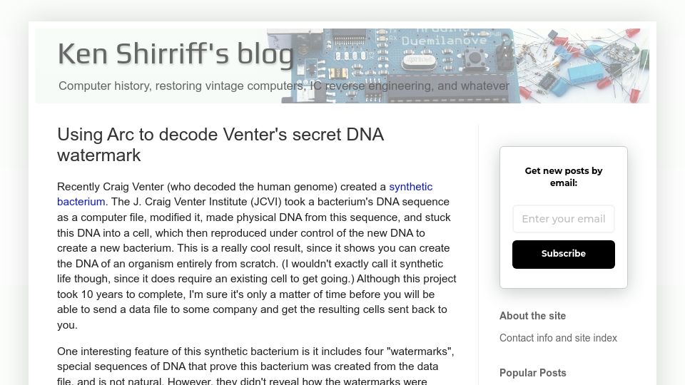 Screenshot of righto.com: Using Arc to decode Venter's DNA watermark (2010)