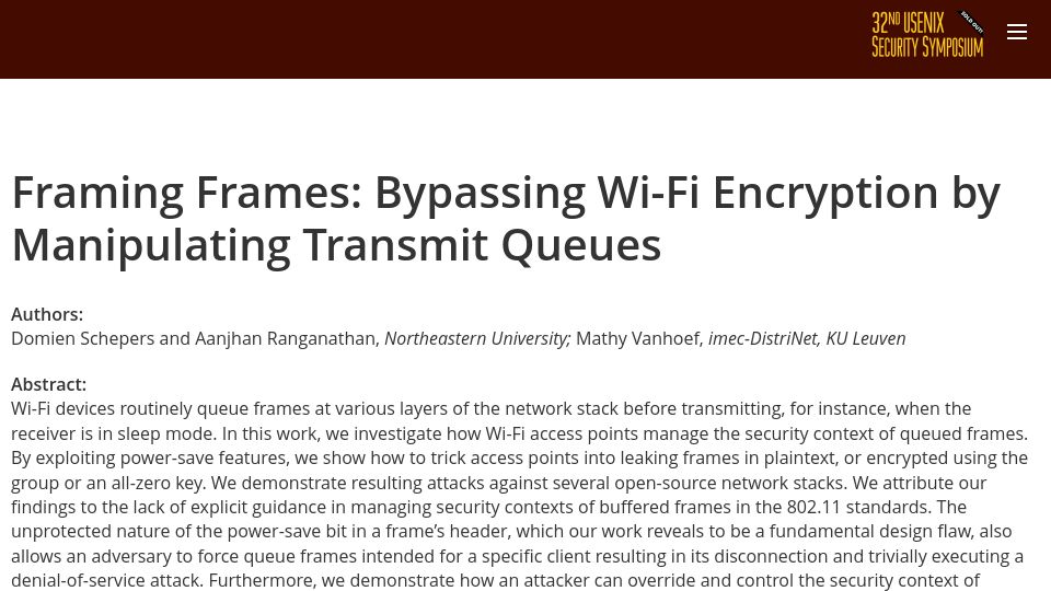 Screenshot of usenix.org: Framing Frames: Bypassing wi-fi encryption by manipulating transmit queues