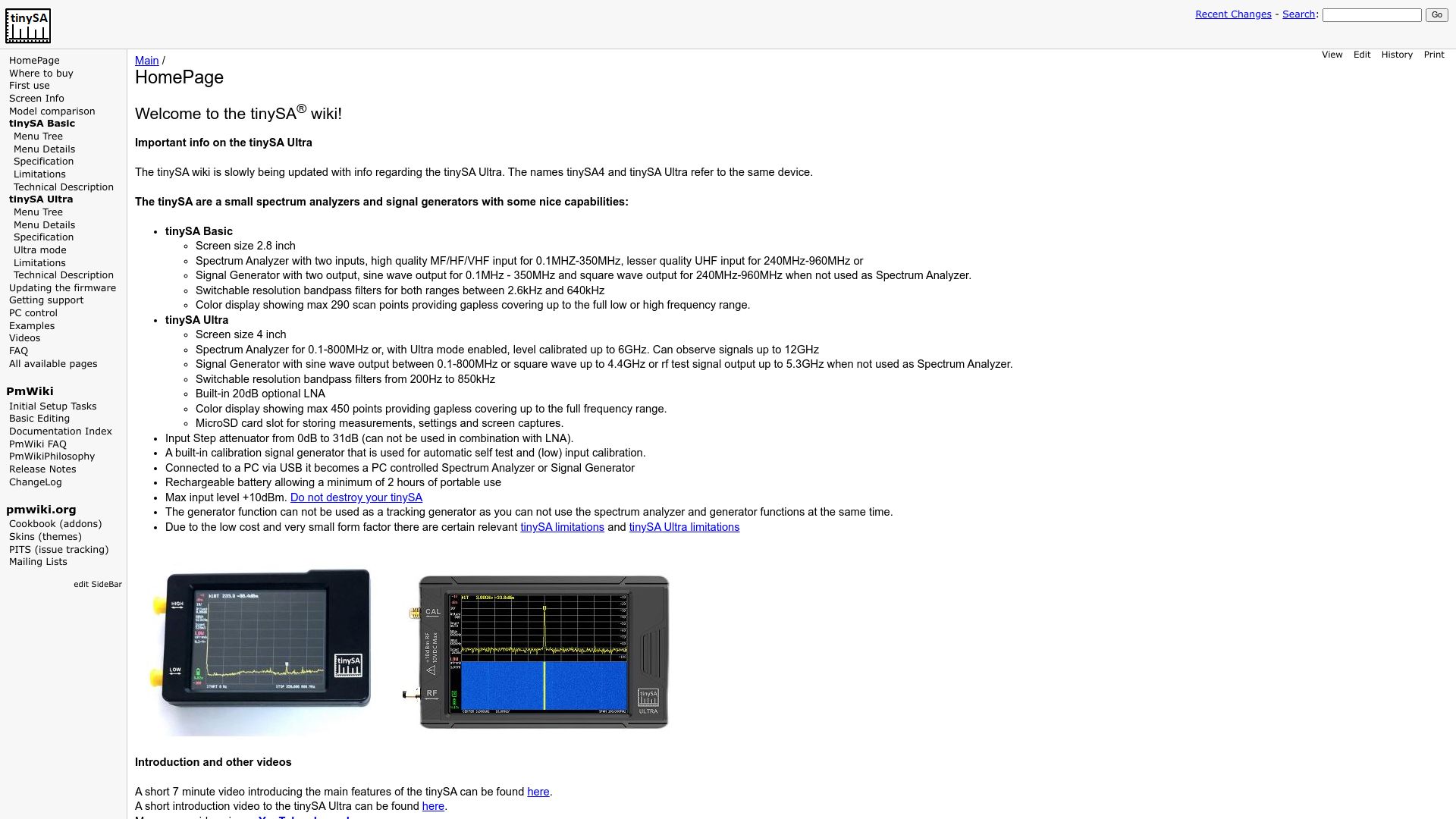 Screenshot of tinysa.org: TinySA – small spectrum analyzer and signal generator