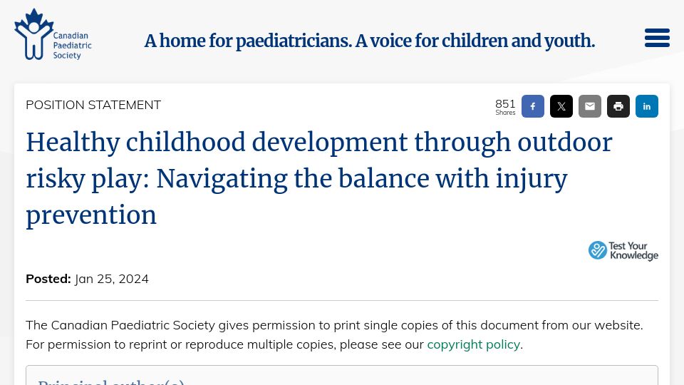 Screenshot of cps.ca: Balancing Outdoor Risky Play and Injury Prevention in Childhood Development