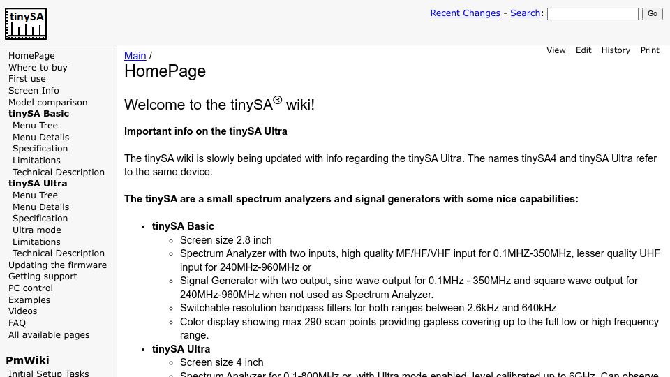 Screenshot of tinysa.org: TinySA – small spectrum analyzer and signal generator