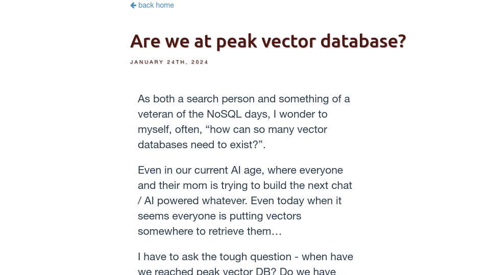 Screenshot of softwaredoug.com: Are we at peak vector database?