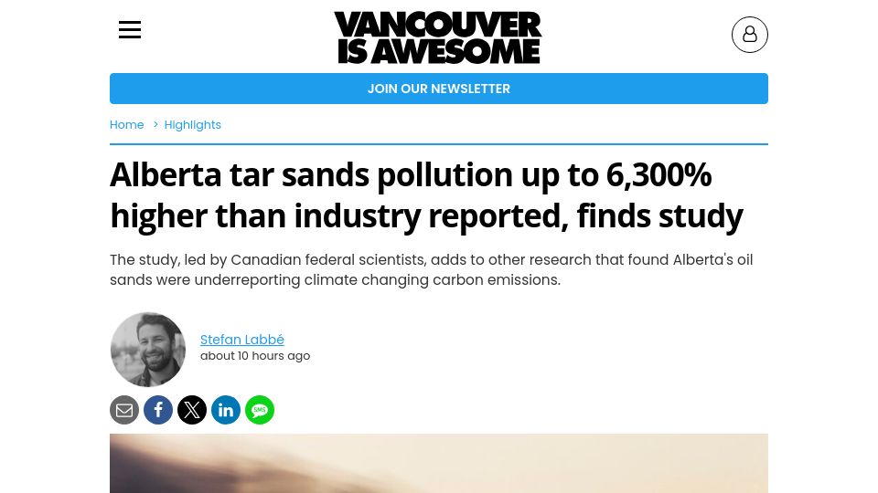 Screenshot of vancouverisawesome.com: Air pollution over Alberta oil sands up to 6,300% higher than reported