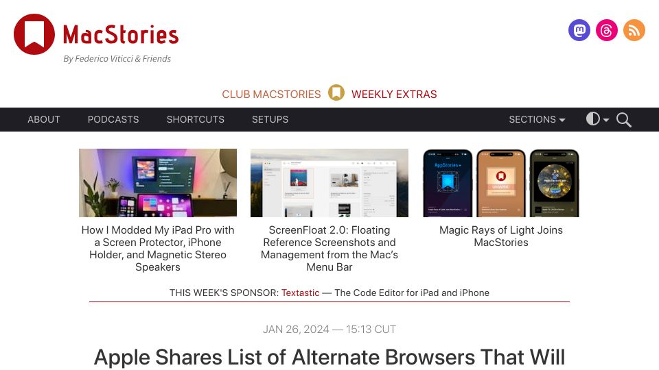 Screenshot of macstories.net: Apple Shares List of Alternate Browsers That Will Be Available to EU Users