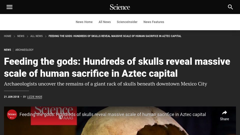 Screenshot of science.org: Skulls reveal scale of human sacrifice in Aztec capital