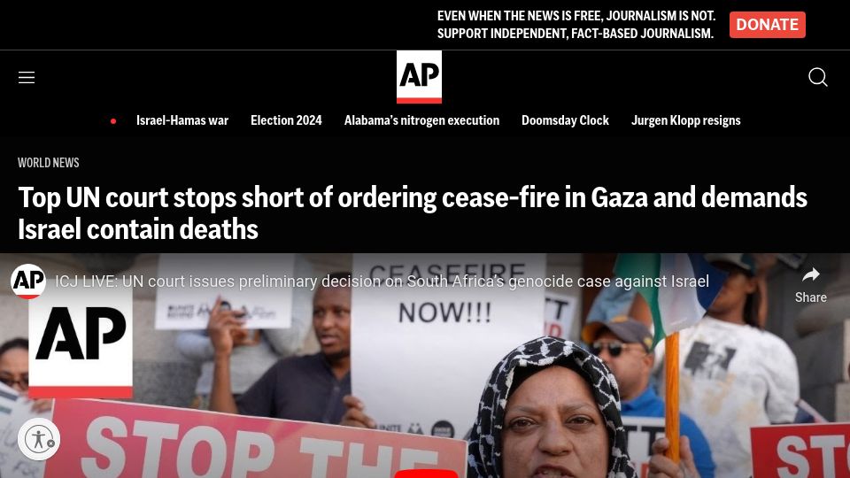 Screenshot of apnews.com: ICJ orders Israel to prevent genocide in Gaza, stops short of ordering ceasefire