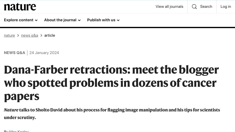 Screenshot of nature.com: The blogger who spotted problems in Dana-Farber cancer papers