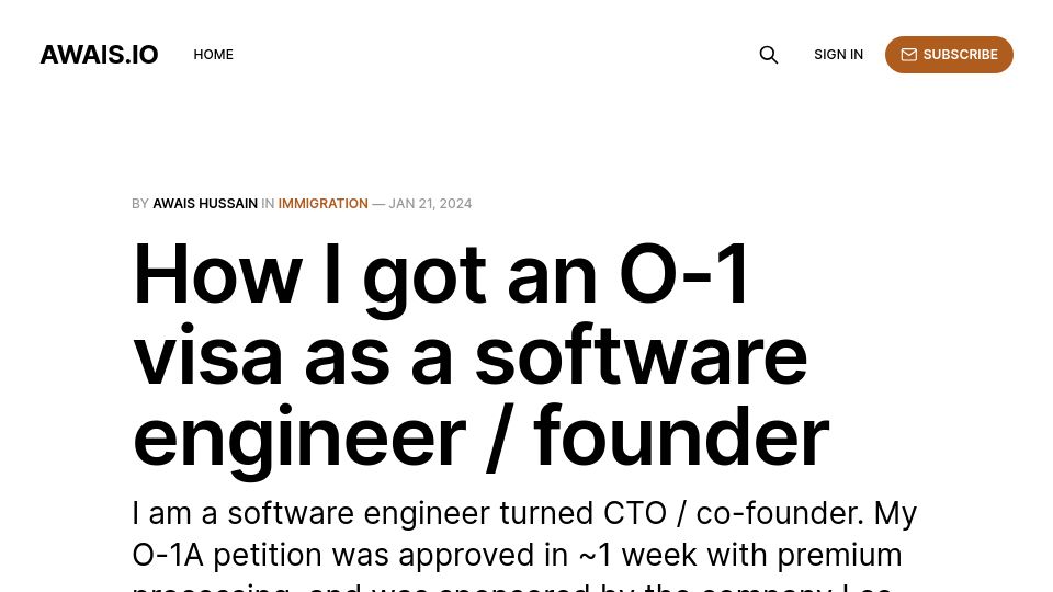 Screenshot of blog.awais.io: How I got an O-1 visa as a software engineer