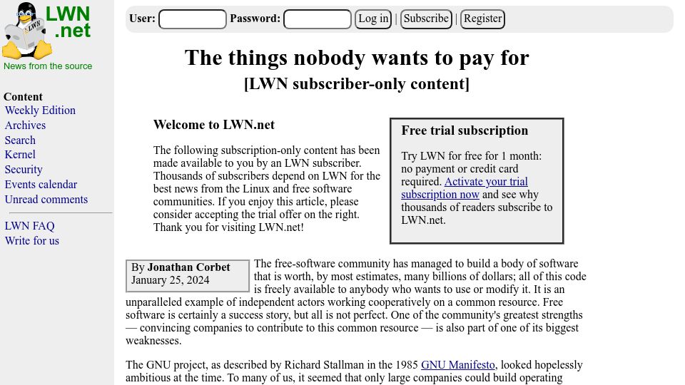 Screenshot of lwn.net: The things nobody wants to pay for