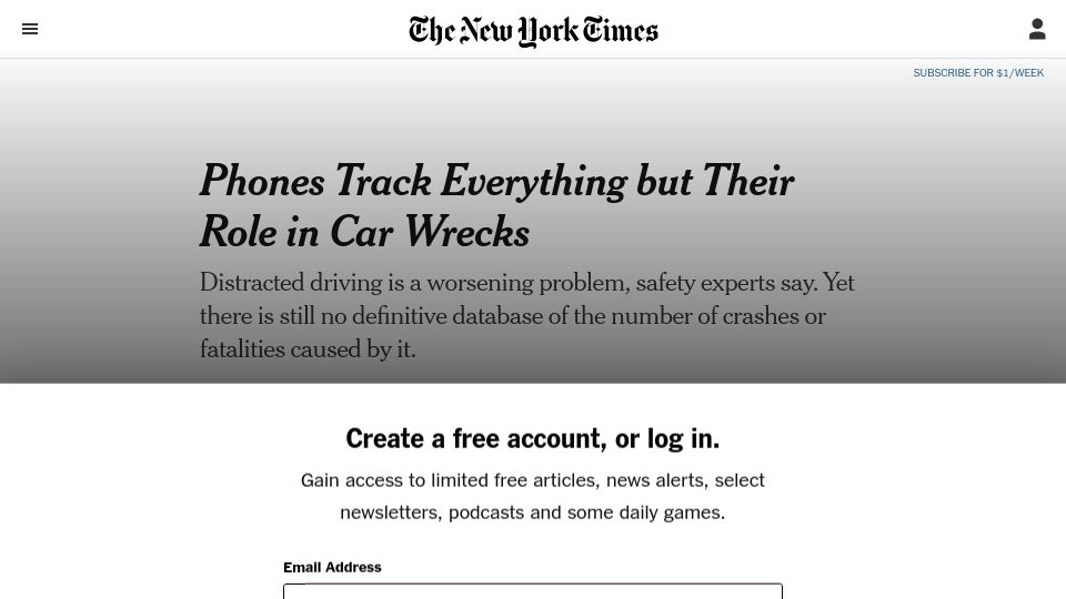 Screenshot of nytimes.com: Phones Track Everything but Their Role in Car Wrecks