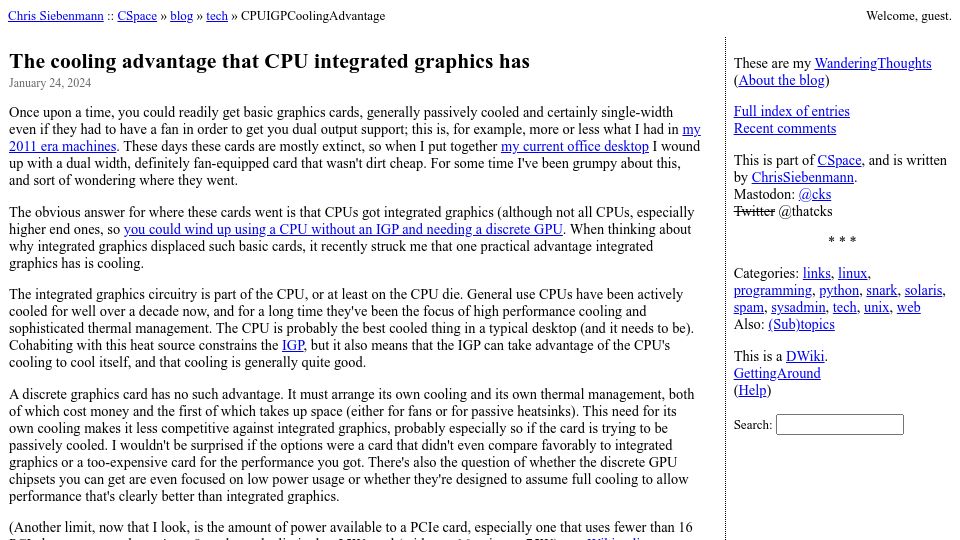 Screenshot of utcc.utoronto.ca: The cooling advantage that CPU integrated graphics has