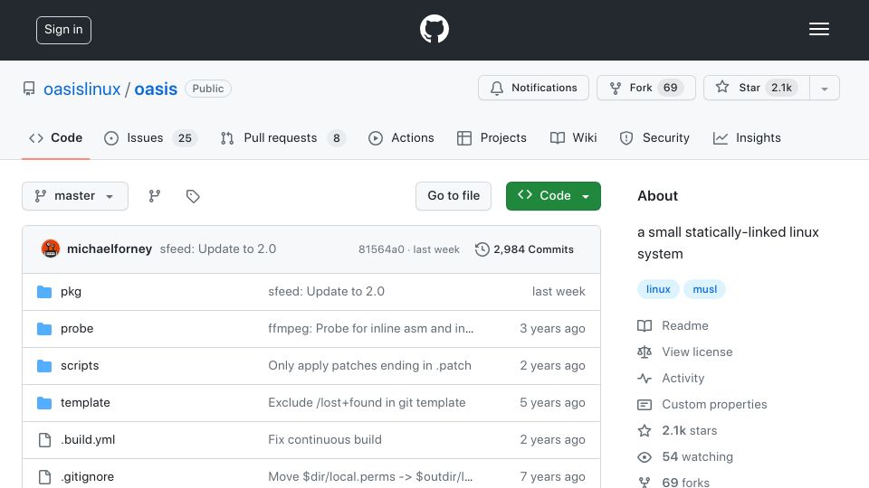 Screenshot of github.com: Oasis – a small, statically-linked Linux system