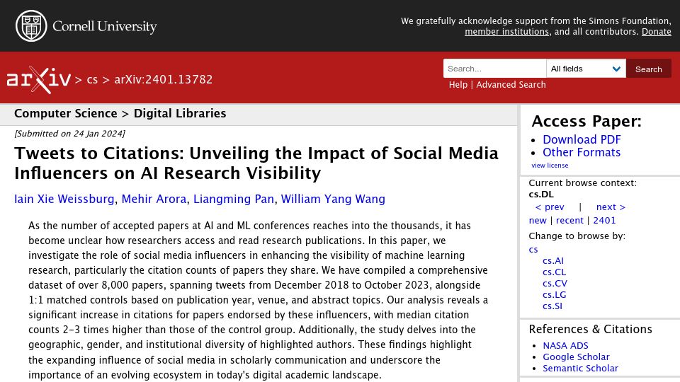 Screenshot of arxiv.org: Tweets to Citations: The Impact of Social Media Influencers on AI Research