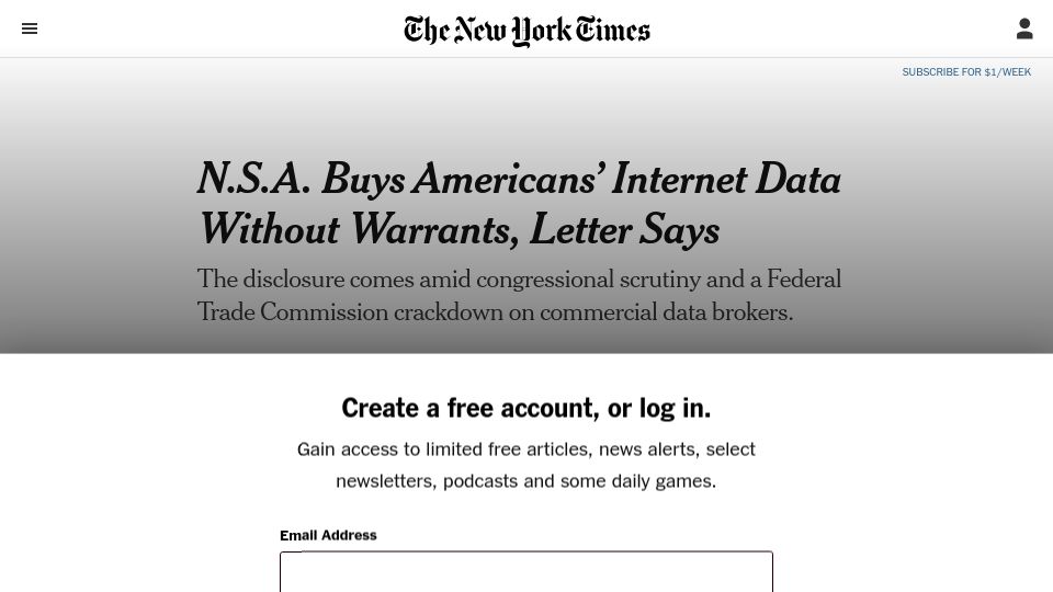 Screenshot of nytimes.com: NSA Buys Americans' Internet Data Without Warrants, Unclassified Letter Says
