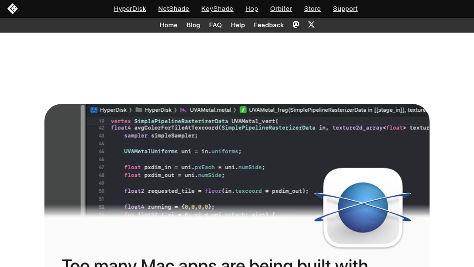 Screenshot of hyperdiskapp.com: Too many Mac apps are being built with Electron