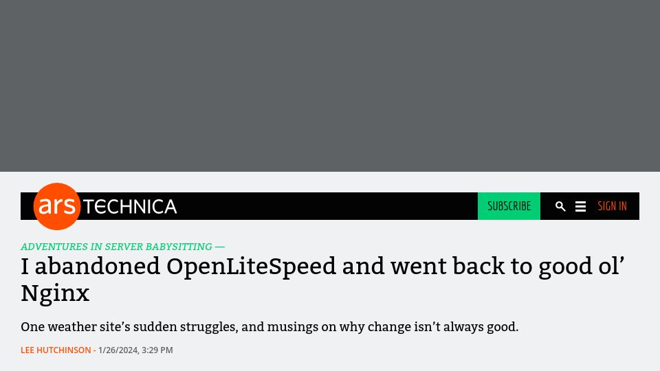 Screenshot of arstechnica.com: I abandoned OpenLiteSpeed and went back to good ol' Nginx