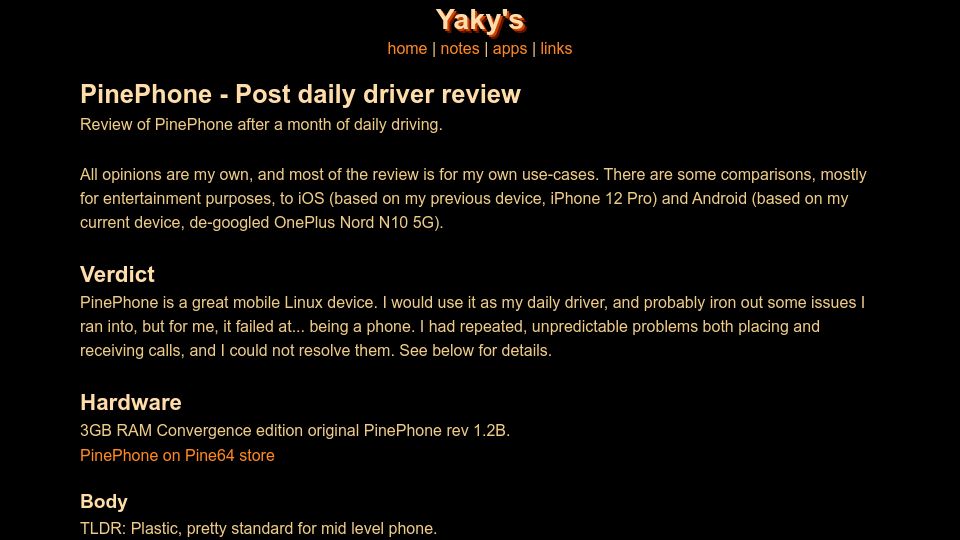 Screenshot of yaky.dev: PinePhone review after a month of daily driving