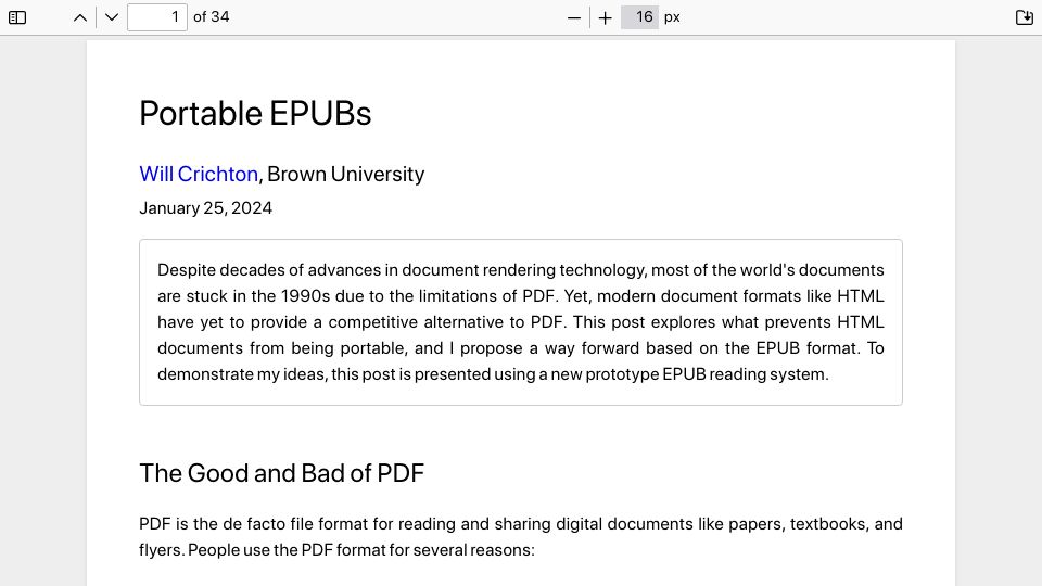 Screenshot of willcrichton.net: Portable EPUBs