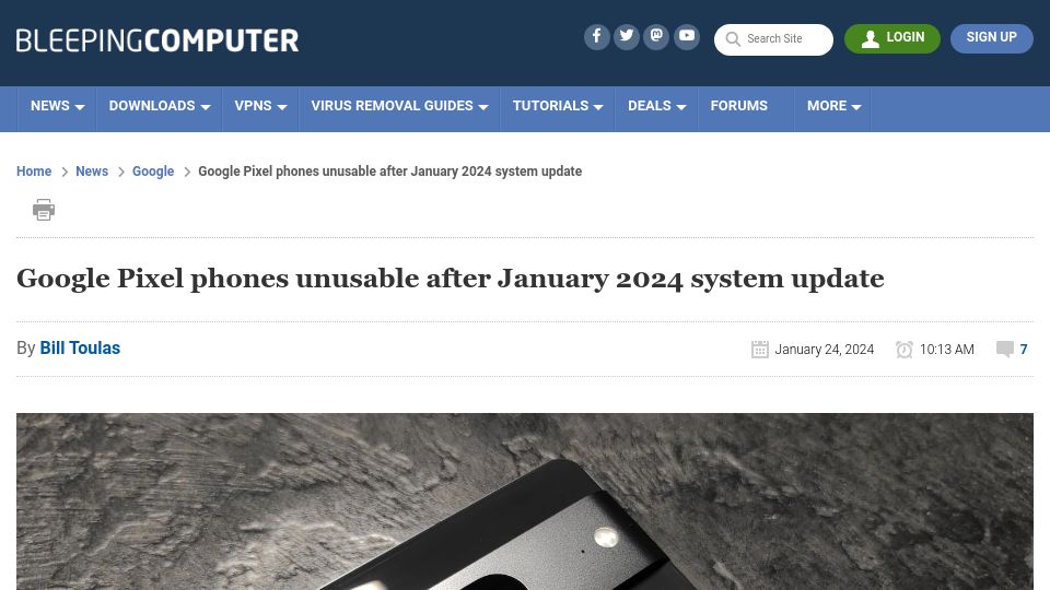 Screenshot of bleepingcomputer.com: Google Pixel phones unusable after January 2024 system update