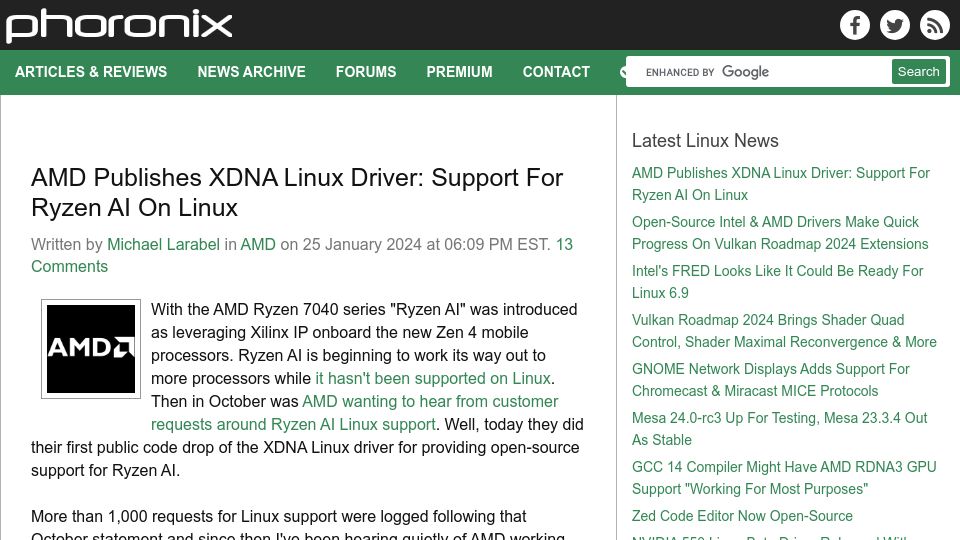 Screenshot of phoronix.com: AMD Publishes XDNA Linux Driver: Support for Ryzen AI on Linux