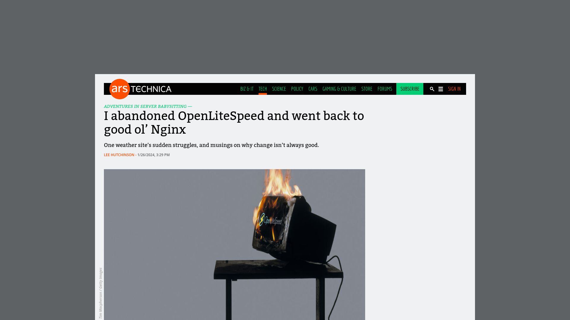 Screenshot of arstechnica.com: I abandoned OpenLiteSpeed and went back to good ol' Nginx