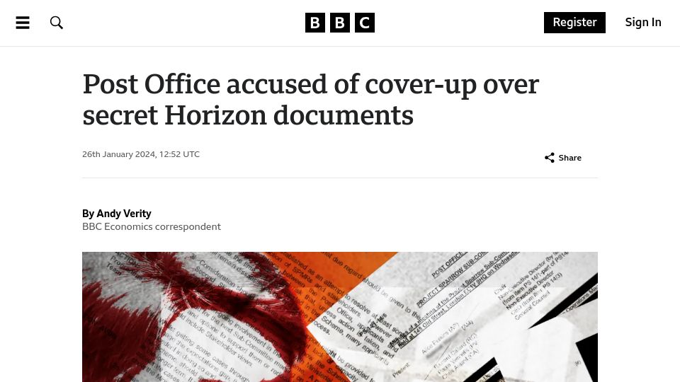 Screenshot of bbc.co.uk: Post Office plan to sack Horizon IT reviewer kept secret, documents reveal