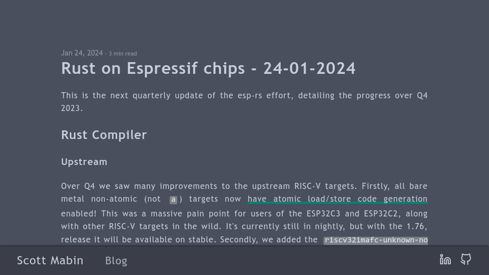 Screenshot of mabez.dev: Mabez Rust on Espressif chips – Q4 update