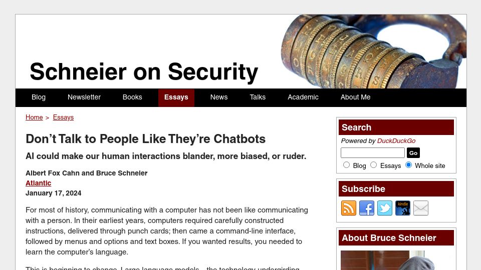 Screenshot of schneier.com: Don't Talk to People Like They're Chatbots