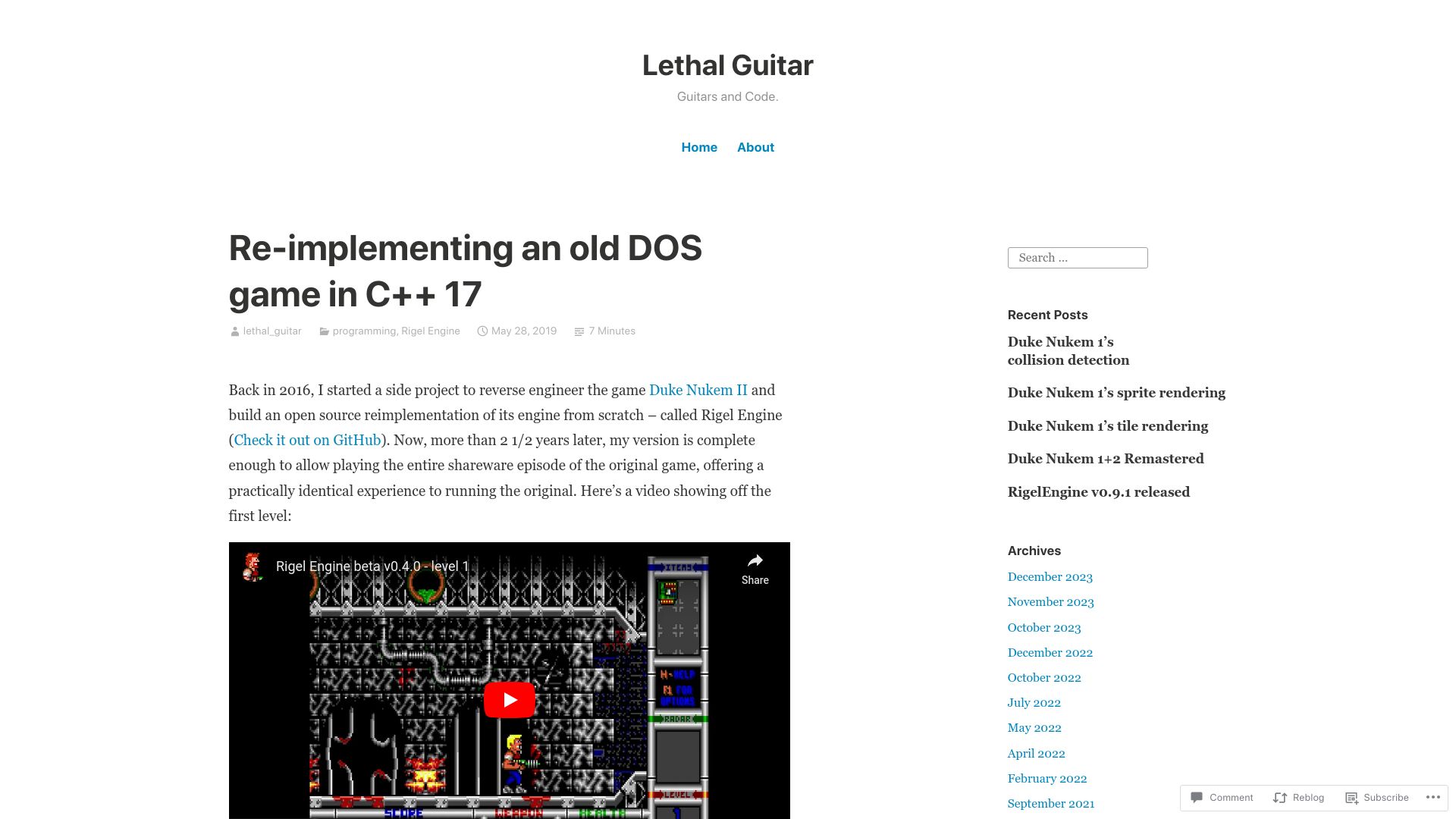 Screenshot of lethalguitar.wordpress.com: Re-implementing an old DOS game in C++ 17 (2019)