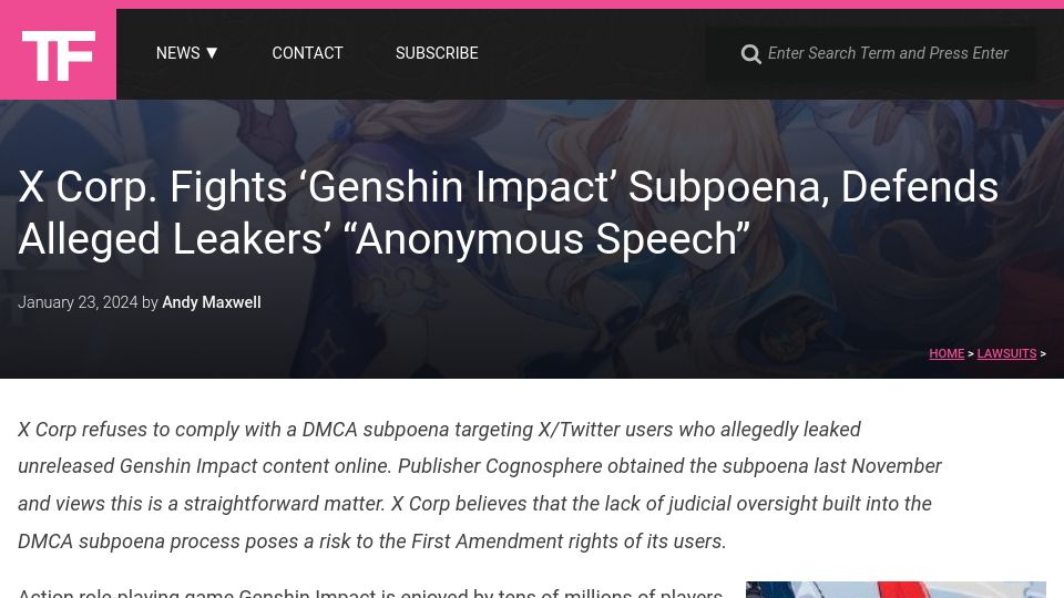 Screenshot of torrentfreak.com: X Fights 'Genshin Impact' Subpoena, Defends Alleged Leakers' "Anonymous Speech"