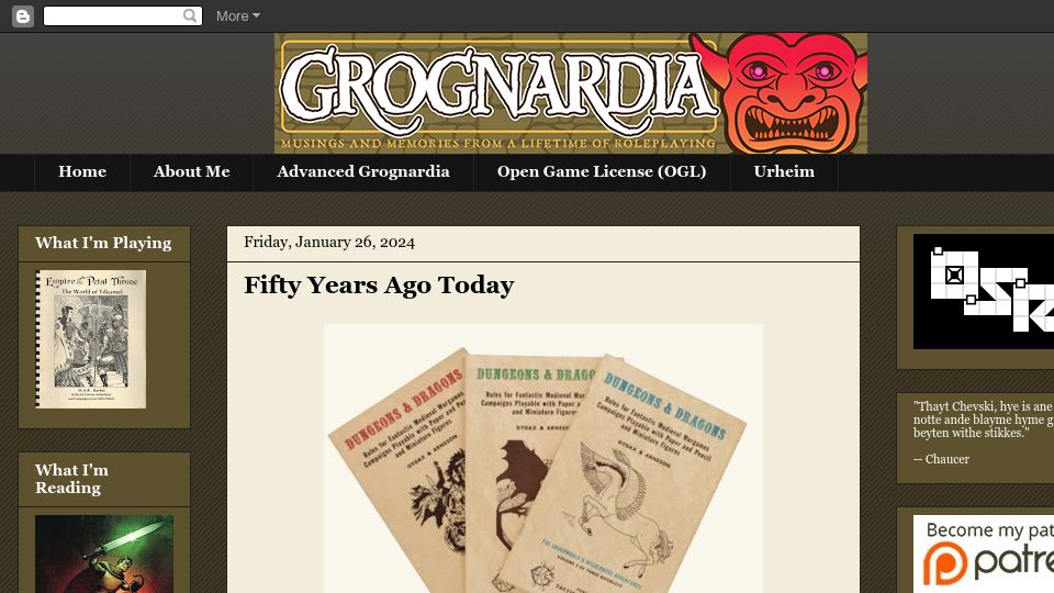 Screenshot of grognardia.blogspot.com: Dungeons and Dragons turns 50 today