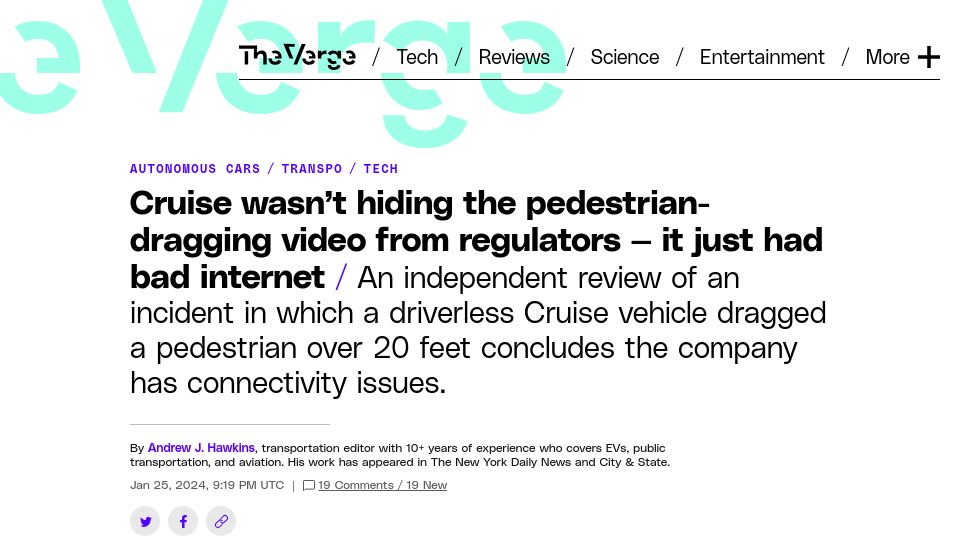 Screenshot of theverge.com: Cruise wasn't hiding accident video from regulators – it had bad internet