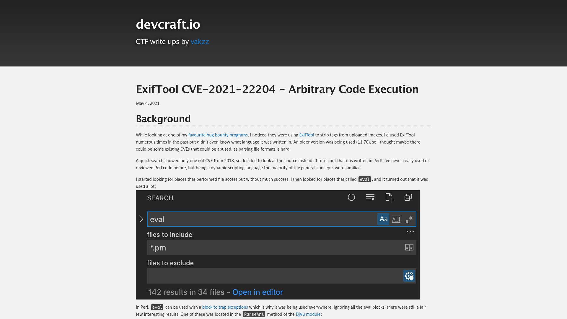 Screenshot of devcraft.io: ExifTool CVE-2021-22204 – Arbitrary Code Execution (2021)