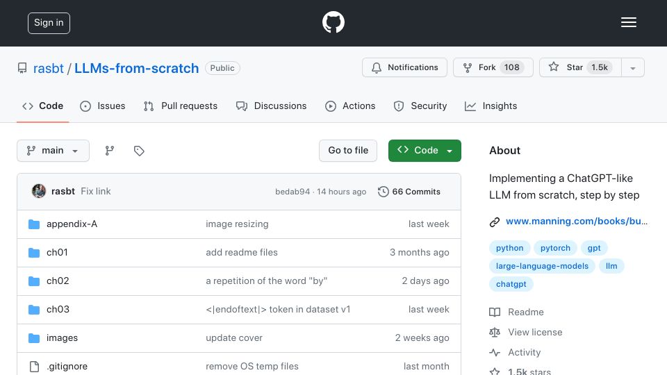 Screenshot of github.com: Implementing a ChatGPT-like LLM from scratch, step by step