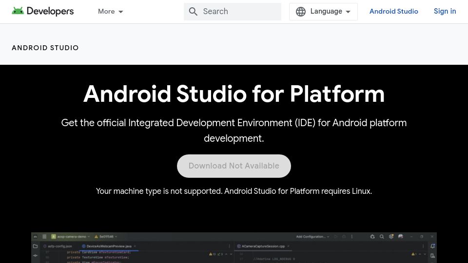 Screenshot of developer.android.com: Android Studio for Platform