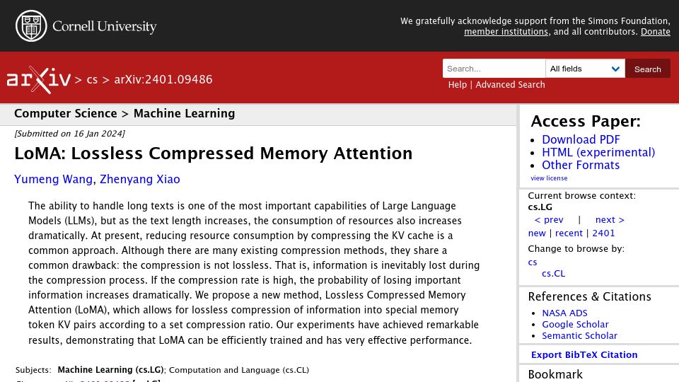Screenshot of arxiv.org: LoMA: Lossless Compressed Memory Attention