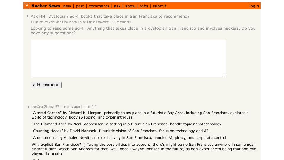 Screenshot of Hacker News post: Ask HN: Dystopian Sci-fi books that take place in San Francisco to recommend?