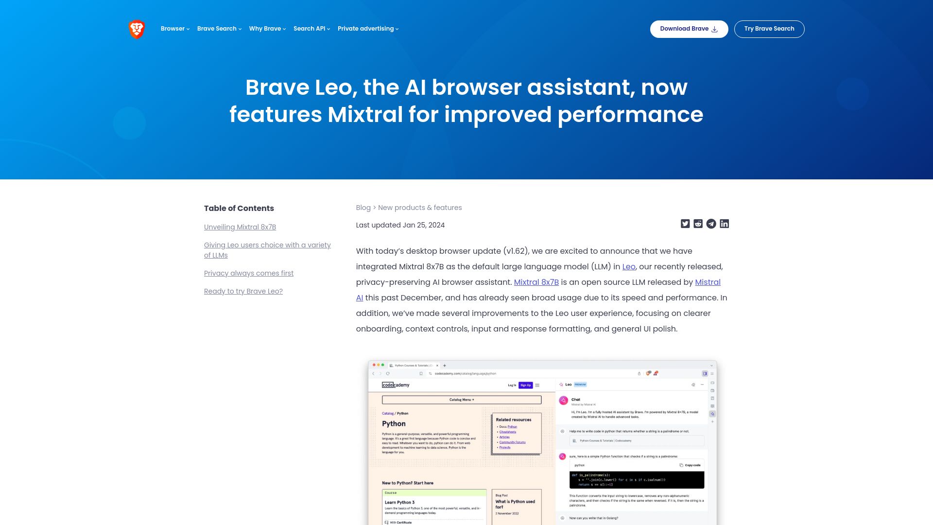 Screenshot of brave.com: Brave Leo now uses Mixtral 8x7B as default