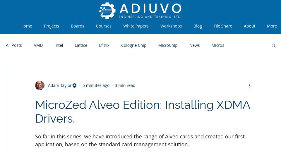 Screenshot of adiuvoengineering.com: FPGA, PCIe and XDMA – Building and Testing AMD SW Drivers