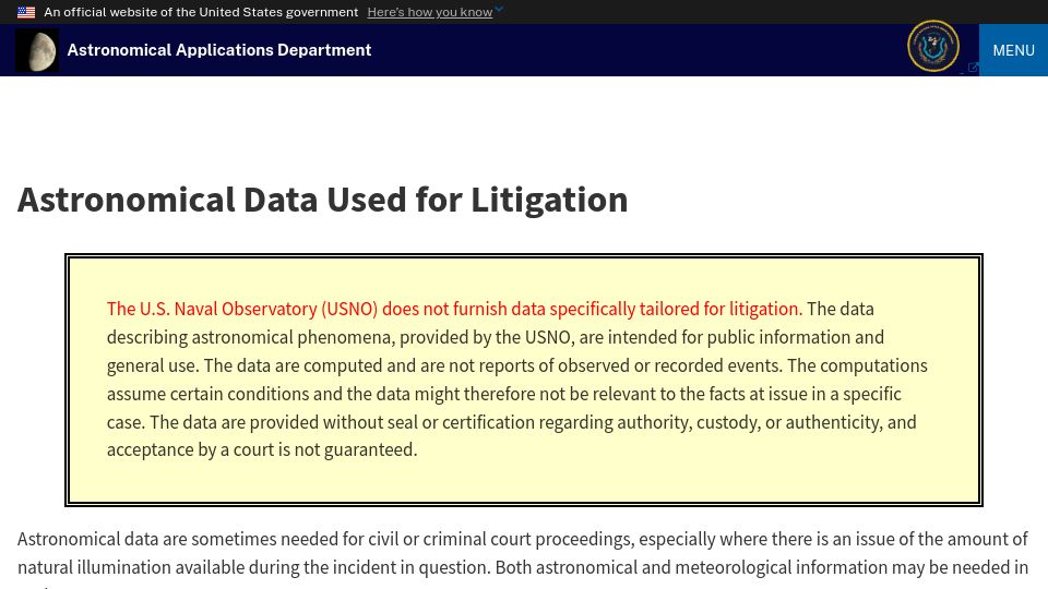 Screenshot of aa.usno.navy.mil: Astronomical Data Used for Litigation (FAQ)