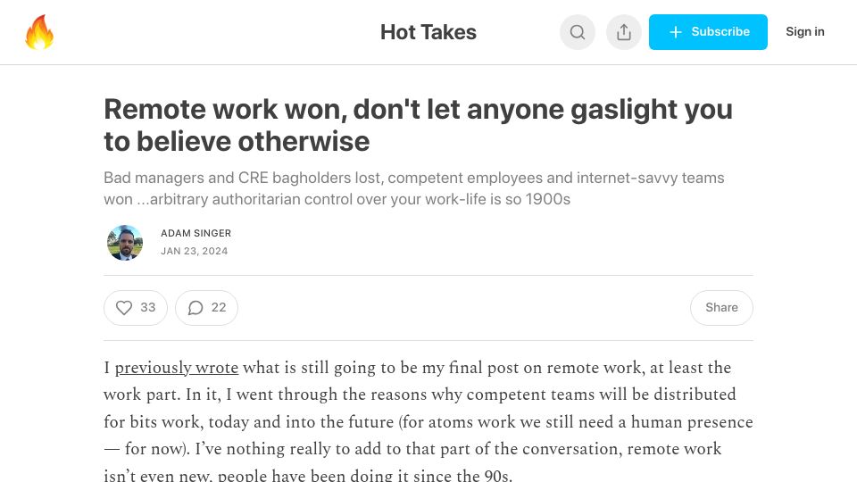 Screenshot of hottakes.space: Remote work won, don't let anyone gaslight you to believe otherwise