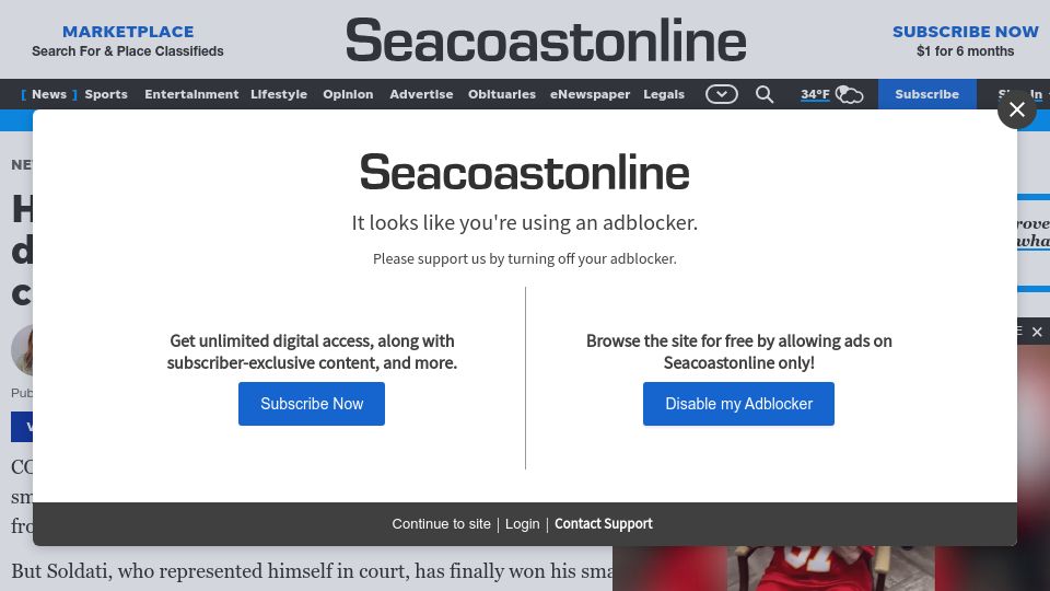 Screenshot of seacoastonline.com: A New Hampshire cafe owner sued Meta for deleting his account and won