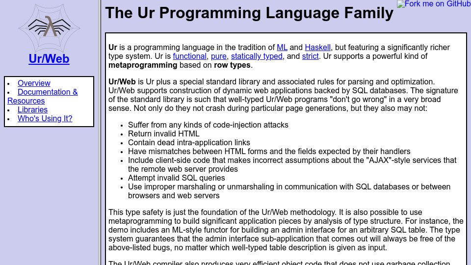 Screenshot of impredicative.com: The Ur Programming Language Family