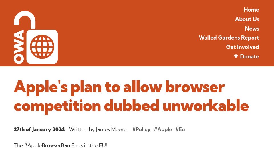Screenshot of open-web-advocacy.org: Apple's plan to allow browser competition dubbed unworkable
