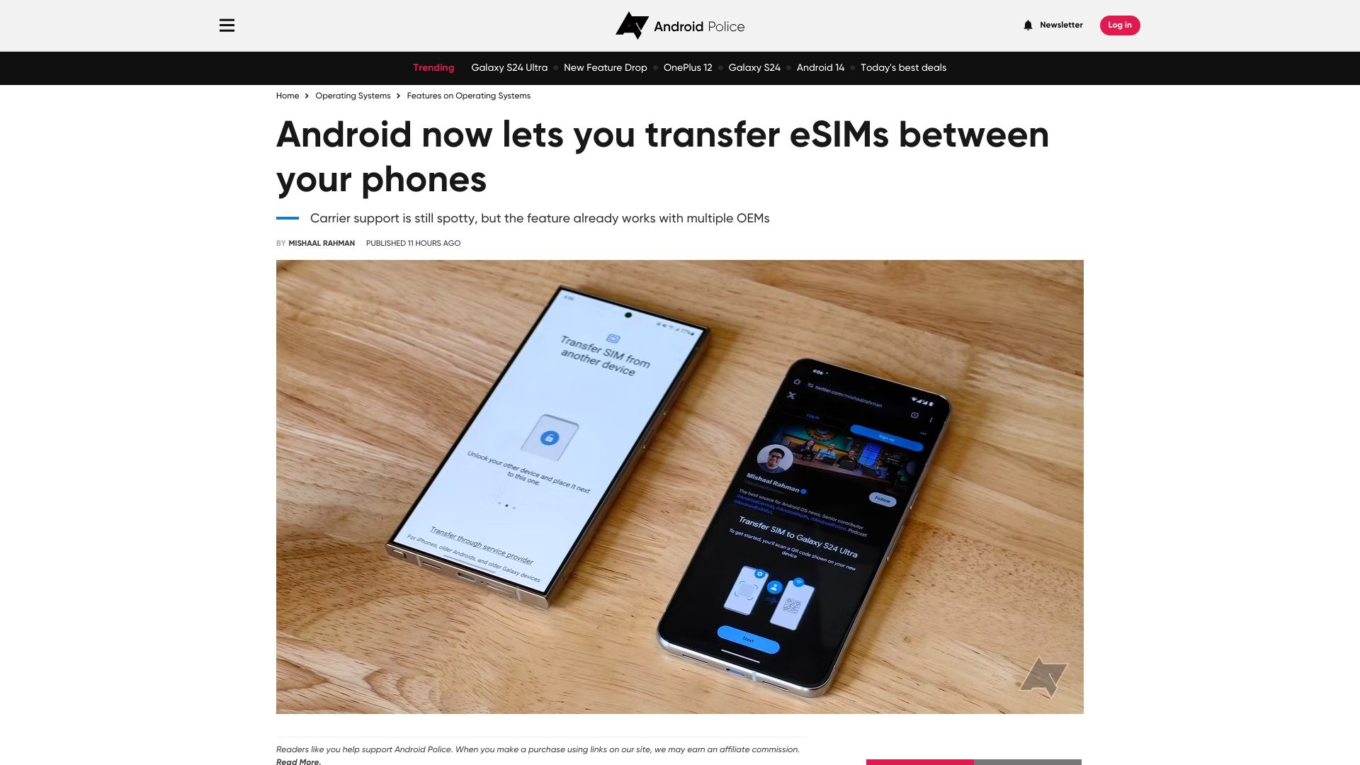 Screenshot of androidpolice.com: Android now lets you transfer eSIMs between your phones