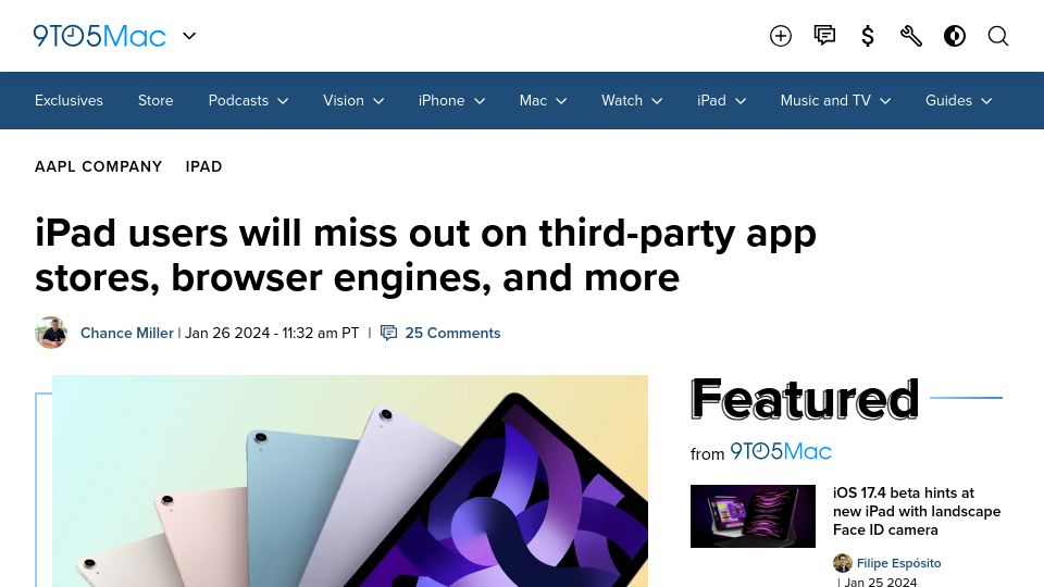 Screenshot of 9to5mac.com: iPad users will miss out on third-party app stores, browser engines, and more