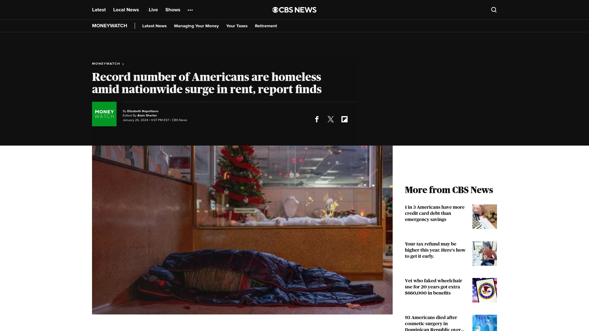 Screenshot of cbsnews.com: Record number of Americans are homeless amid nationwide surge in rent