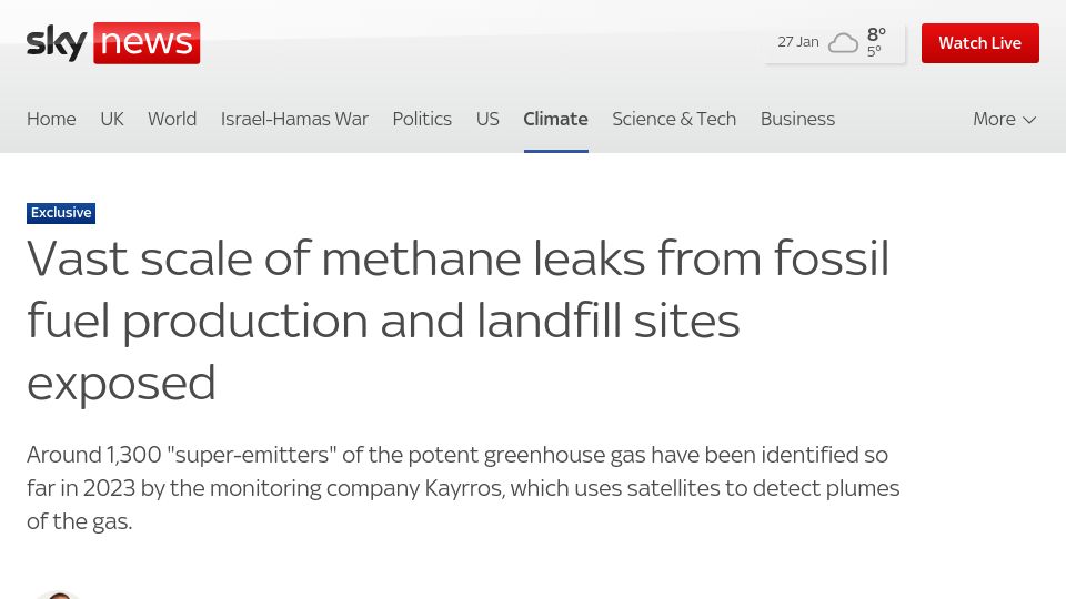 Screenshot of news.sky.com: Scale of methane leaks from fossil fuel production and landfills exposed