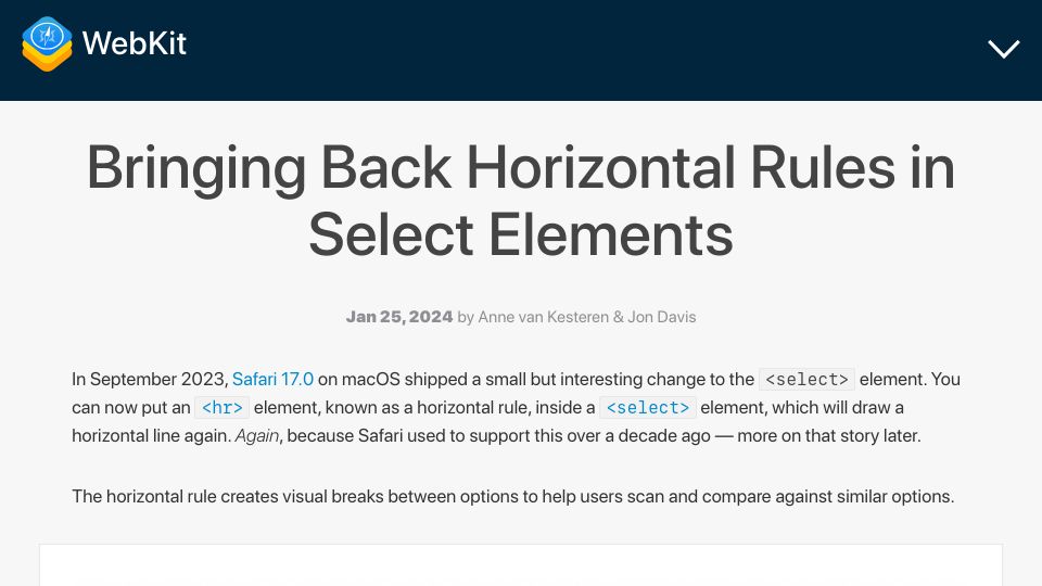 Screenshot of webkit.org: Bringing Back Horizontal Rules in HTML Select Elements